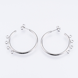 Honeyhandy 304 Stainless Steel Stud Earring Findings, Half Hoop Earrings, with Loop, Stainless Steel Color, 32x33.5x2mm, Hole: 2mm, Pin: 0.8mm