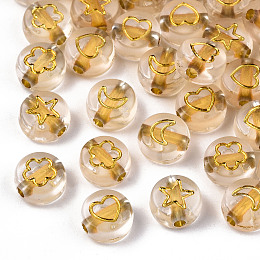 Honeyhandy Transparent Acrylic Beads, Flat Round, Moon & Heart Flower & Star, Goldenrod, 7x4mm, Hole: 1.5mm