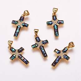 Honeyhandy Brass Micro Pave Cubic Zirconia Pendants, with Freshwater Shell, Cross, Golden, 21.5x14x2mm, Hole: 3.5x4.5mm