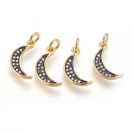 Honeyhandy Brass Micro Pave Cubic Zirconia Charms, with Jump Ring, Moon, Clear, Gunmetal & Golden, 15x8x2mm, Hole: 2.5mm