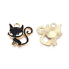 Honeyhandy Alloy Pendants, with Enamel, Cat, Light Gold, Black, 19x20x2mm, Hole: 3mm