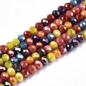 Honeyhandy Opaque Glass Beads Strands, Faceted, AB Color Plated, Rondelle, Mixed Color, 3.5x3mm, Hole: 0.8mm, about 140~144pcs/strand, 15.75 inch~16.14 inch(40cm~41cm)