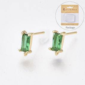 Honeyhandy Brass Stud Earring Findings, Cubic Zirconia and Loop, Nickel Free, Real 18K Gold Plated, Rectangle, Green, 8.5x4mm, Hole: 0.8mm, Pin: 0.8mm