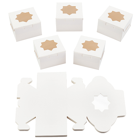 SUPERFINDINGS 24pcs 10x10x6.5cm Finished Kraft Paper Cake Box White Bakery Single Cupcake Packing Box Square Paper Craft Box with Octagonal-shaped Clear Window for Cookies Small Cakes