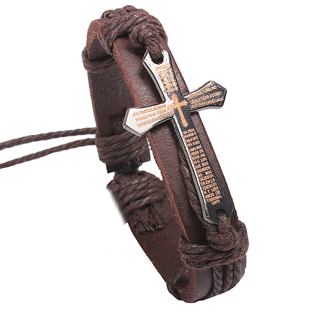 Honeyhandy Adjustable Cross with Word Iron Braided Leather Cord Bracelets, (Font Random Single Color or Random Mixed Color), Brown, 60mm