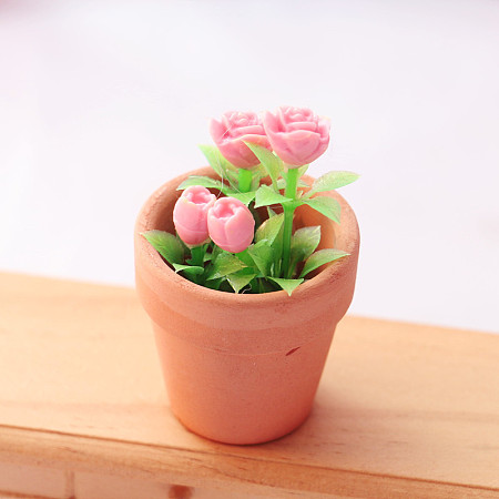 Honeyhandy Miniature Ornaments, Micro Landscape Garden Dollhouse Accessories, Pretending Prop Decorations, Porcelain Flowerpot with Pastic Flower, Pink, 30x45mm