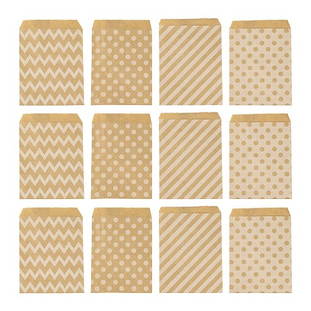 Honeyhandy 100Pcs 4 Patterns Eco-Friendly Kraft Paper Bags, No Handles, for Food Storage Bags, Gift Bags, Shopping Bags, with Diagonal Stripe/Star/Polka Dot/Wave Pattern, 18x13cm, 25pcs/pattern