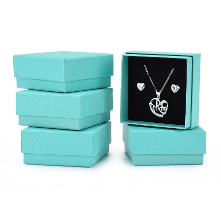 Honeyhandy Cardboard Gift Box Jewelry Set Boxes, for Necklace, Ring, with Black Sponge Inside, Square, Medium Turquoise, 7.5x7.5x3.5cm