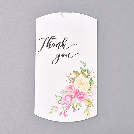 Honeyhandy Paper Pillow Boxes, Gift Candy Packing Box, Flower Pattern & Word Thank You, White, Box: 12.5x7.6x1.9cm, Unfold: 14.5x7.9x0.1cm
