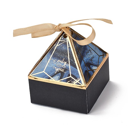 Arricraft Paper Fold Gift Boxes, Triangular Pyramid with Word Only for You & Ribbon, for Presents Candies Cookies Wrapping, Midnight Blue, 7x7x9cm