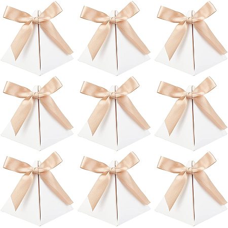 FINGERINSPIRE 30 Pcs Triangle Paper Favor Boxes with Polyester Ribbon (White,7x7x8 Inch) Chocolate Candy Paper Gift Boxes Paper Jewelry Box for Bridal Shower Anniverary Birthday Party Wedding Favor