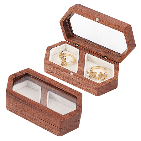 AHANDMAKER 2-Slot Wooden Couple Rings Storage Boxes, Clear Window Wedding Ring Case, with Magnetic Clasps and Velvet Inside, Hexagon, Linen, 9.6x5x2.95cm, Inner Diameter: 45x35mm