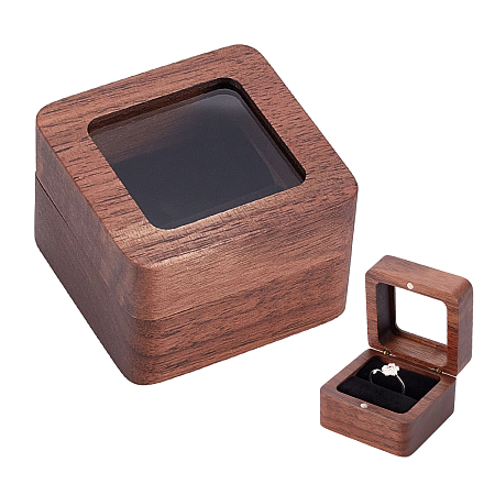 BENECREAT Square Wood Ring Storage Boxes, Flip Cover Case, with Clear Window and Magnetic Clasps, for Wedding, Proposal, Valentine's Day, Coconut Brown, 5.5x5.5x3.75cm, nner Diameter: 4.2x4.2cm, Window: 3.7x3.7cm