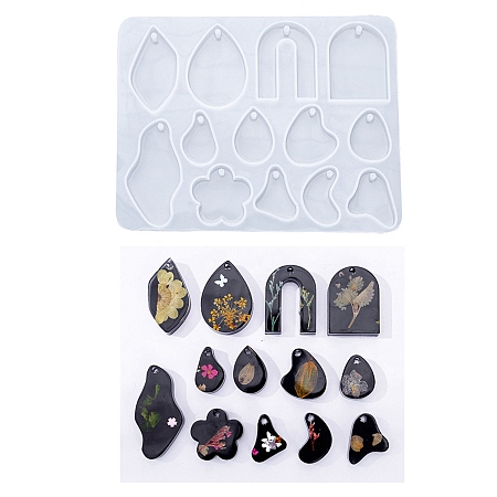 DIY Irregular Shape Pendants Silicone Molds, Resin Casting Molds, For UV Resin, Epoxy Resin Jewelry Making, Arch/Teardop/Flower, White, 130x100x7.5mm, Hole: 2.5mm, Inner Diameter: 22.5~49x16~26mm
