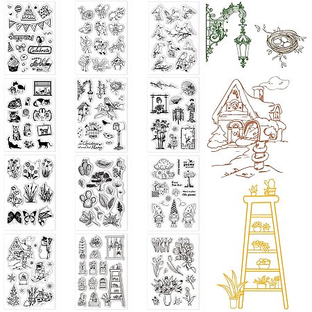 GLOBLELAND 12 Sheets Silicone Clear Stamps for Card Making Decoration and DIY Scrapbooking(Birthdays, Insects, Animals, Birds, Flowers, Butterflies, Tulips etc)
