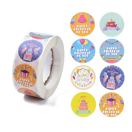 ARRICRAFT Paper Gift Tag Stickers, Round with Birthday Theme Adhesive Labels Roll Stickers, for Party, Decorative Presents, Birthday Themed Pattern, 6.5x2.8cm