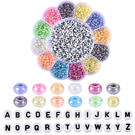 Honeyhandy 216g 12 Colors Round Glass Seed Beads, 40g Flat Round with Letter Acrylic Beads and 2 Rolls Elastic Stretch Thread, for DIY Stretch Bracelets Making Kits, Black, 4mm, Hole: 1.5mm, 18g/color, about 178pcs/18g
