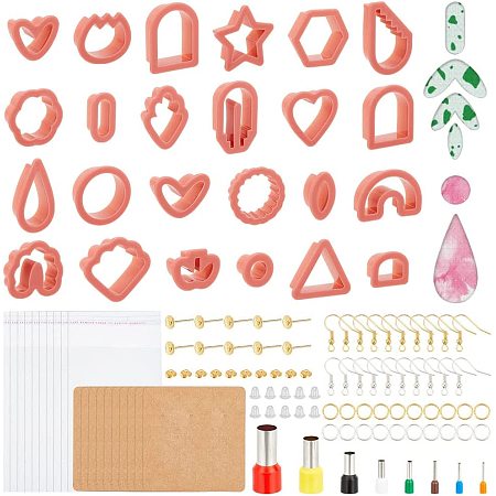 AHANDMAKER 142 Pcs Polymer Clay Cutters, 24 Shapes Clay Cutters for Polymer Clay Jewelry, Clay Earring Cutters with Hole Punchers, Earring Hooks, Jump Rings, Display Cards and Ear Nuts, Saddle Brown