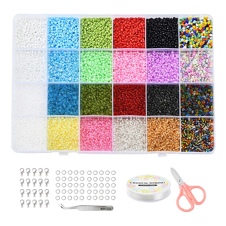 Honeyhandy DIY Jewelry Making Kits, Including Round Glass Seed Beads, Elastic Crystal Thread, Tweezers, Scissors, Alloy Clasps and Iron Rings, Mixed Color, Beads: 19200pcs/set