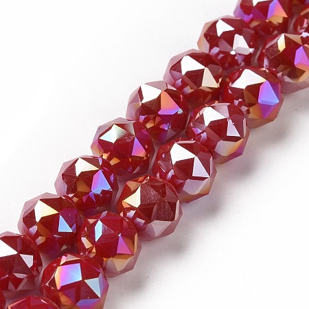 Electroplate Opaque Glass Beads Strands, AB Color Plated, Faceted, Round, Red, 8x7.5mm, Hole: 1.5mm, about 71~72pcs/strand, 20.87''(53cm)