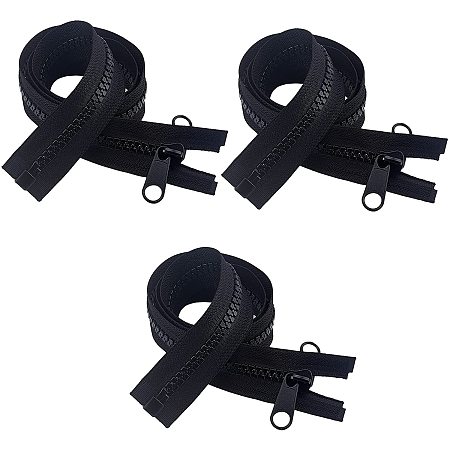 FINGERINSPIRE 3 Pcs #10 Black Resin Zipper 31.5x0.3 inch Two Way Separating Jacket Zipper for Sewing Jacket Coat Molded Resin Zippers Bulk