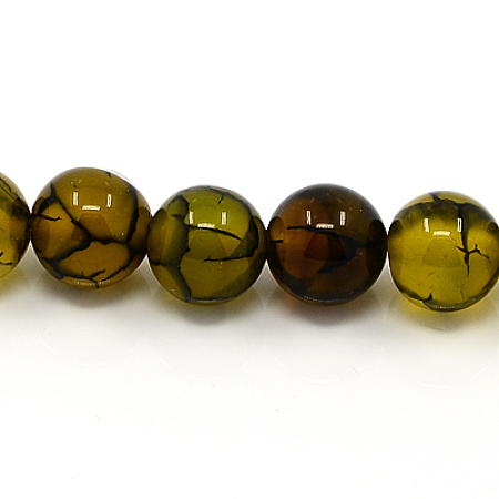 Honeyhandy Natural Dragon Veins Agate Beads Strands, Dyed, Round, Olive, 6mm, Hole: 1mm, about 64pcs/strand, 15.5 inch