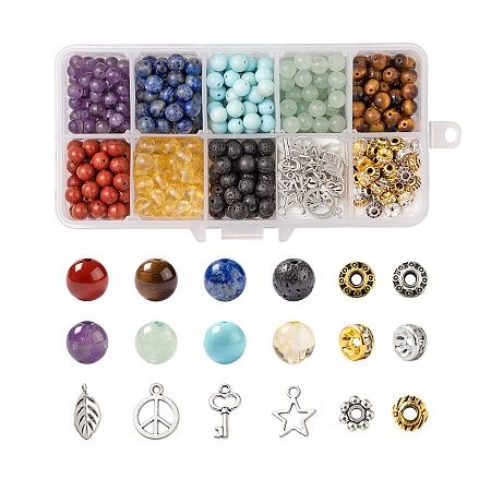 ARRICRAFT 560Pcs 8 Styles 6mm Gemstone Beads Chakra Yoga Healing Stone Kits, with Alloy Star, Peace Sign, Key Charms, Spacer Beads, for DIY Gemstone Bracelets Making, Mixed Color, Hole: 1mm, about 65pcs/strand, 15.67''(39.8cm)