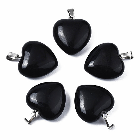 Honeyhandy Natural Obsidian Pendants, with Stainless Steel Snap On Bails, Heart, Stainless Steel Color, 22x20x9mm, Hole: 6x2mm