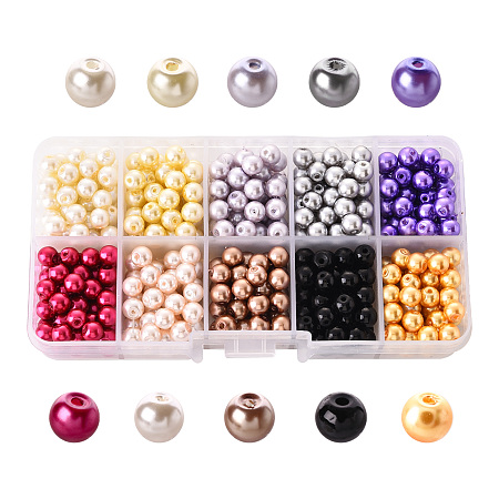 Honeyhandy 500Pcs 10 Colors Baking Painted Pearlized Glass Pearl Round Bead Strands, Mixed Color, 6~7mm, Hole: 1mm, about 50pcs/color