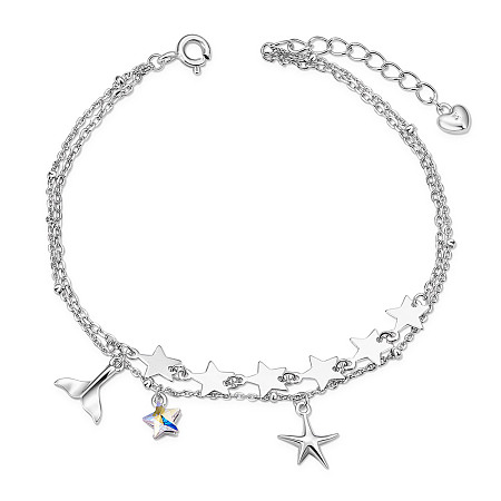 SHEGRACE 925 Sterling Silver Multi-Strand Bracelets, with Czech Rhinestone and Cable Chains, Star & Starfish/Sea Stars & Whale Tail Shape, Platinum, 6-1/2 inch(16.5cm)