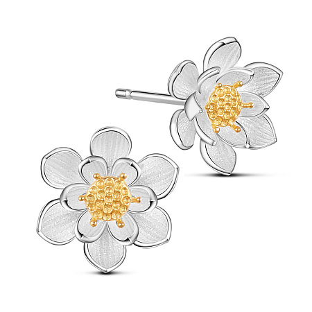 SHEGRACE Adorable 925 Sterling Silver Ear Studs, Lotus Flower with Real 24K Gold Plated Bud, Mixed Color, 10mm, Pin: 0.8mm