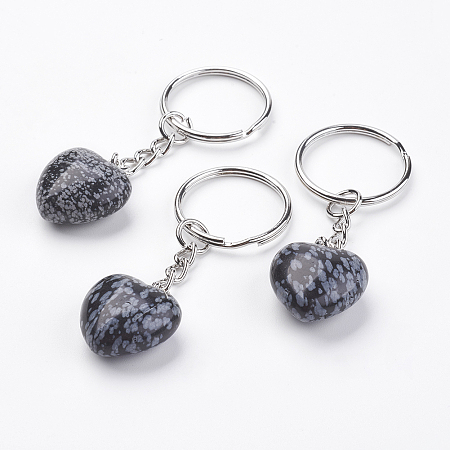 Honeyhandy Natural Snowflake Obsidian Keychain, with Platinum Iron Findings, Heart, 72mm