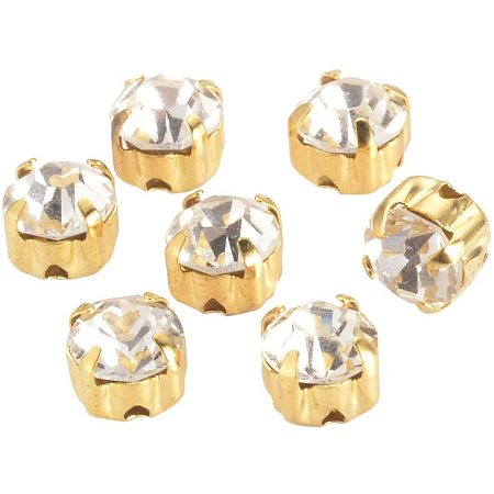 Pandahall Elite 1440 Pcs 4.3mm Sew on Glass Rhinestone Faceted Flatback Montee Beads with Gold Setting for Clothing Dress Decoration, Crystal