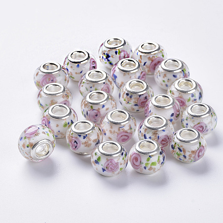 Arricraft Lampwork European Beads, Large Hole Beads, with Rhinestones, Rondelle, Mixed Color, 13~14x9mm, Hole: 4~4.5mm