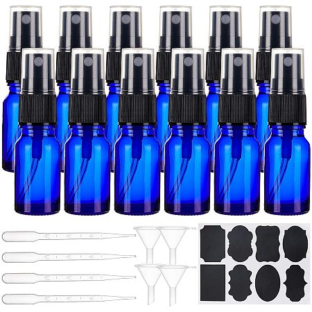 BENECREAT 12 Pack 10ml Blue Glass Spray Bottle Refillable Glass Container of UV Protection with Sticker Label, Plastic Funnel Hopper and Plastic Dropper for Essential Oil or Perfume