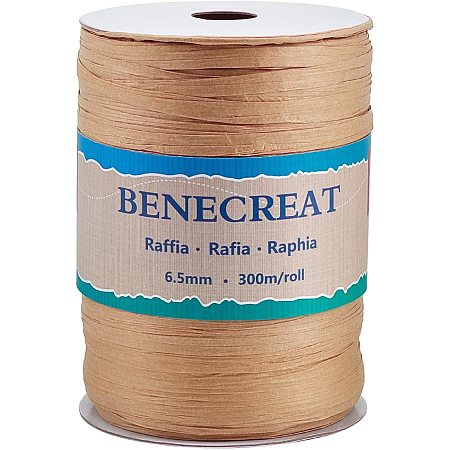 BENECREAT 300m/328 Yards 6.5mm Wide Raffia Ribbon Raffia Paper Craft Ribbon Packing Twine for Festival Christmas Gifts DIY Decoration and Weaving, Tan