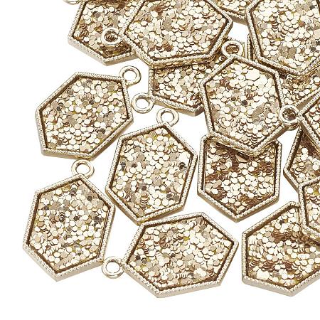 ARRICRAFT Environ 50pcs Golden Alloy Hexagon Pendants with Decoration of Goldenrod Sequins/Palettes Chips Charms and Pendants for Necklace, Earring, Bracelet Jewellery Making,24.5x15x2.5mm, Hole: 2mm