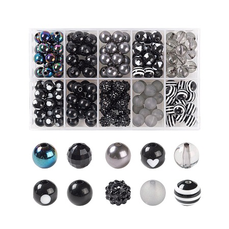 ARRICRAFT 160Pcs/Box 10 Styles Opaque & Transparent, Resin Rhinestone, Imitation Pearl and Solid Color Chewing Gum Acrylic Beads, Gumball Beads, Round, Black, 16pcs/style