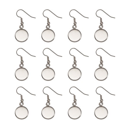 ARRICRAFT Stainless Steel Earring Hooks, with Blank Pendant Trays, Flat Round Setting for Cabochon, Stainless Steel Color, Tray: 12mm, 34mm