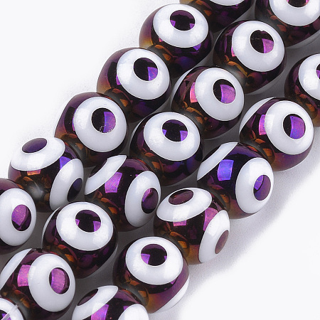 NBEADS Electroplate Glass Beads Strands, Round with Evil Eye Pattern, Purple, 10x9.5~10mm, Hole: 1.2mm; about 30pcs/strand, 11.2