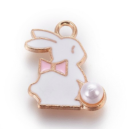Honeyhandy Zinc Alloy Bunny Pendants, with Enamel and ABS Plastic Imitation Pearl, Rabbit, Light Gold, Pink, 16.5x13.5x1mm, Hole: 1.5mm