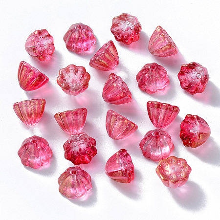 Honeyhandy Transparent Spray Painted Glass Beads, with Glitter Powder, Lotus Pod, Medium Violet Red, 11x10.5x8mm, Hole: 1mm