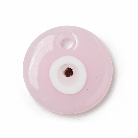 Honeyhandy Handmade Evil Eye Lampwork Pendants, Flat Round Charms, Pearl Pink, 30x5.5mm, Hole: 4mm