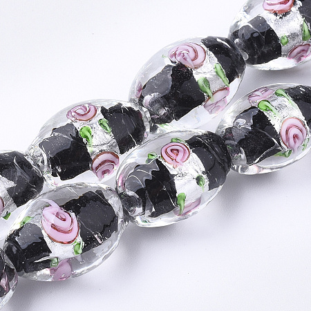 Honeyhandy Handmade Silver Foil Glass Lampwork Beads, Oval with Flower, Black, 16~17x9~11mm, Hole: 1.5~2mm
