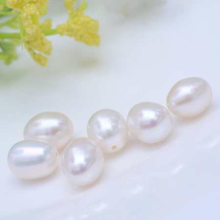 Honeyhandy Natural Cultured Freshwater Pearl Beads, Half Drilled Beads, Rice, White, 8~9mm, Half Hole: 0.8mm