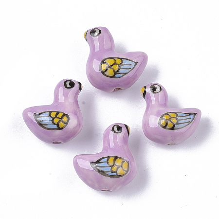 Honeyhandy Handmade Porcelain Beads, Famille Rose Style, Bird, Plum, 17~19x17~19x11mm, Hole: 1.6~2mm