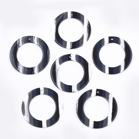 Honeyhandy Resin Pendants, Ring, Stripe Pattern, Black, 39x1.5mm, Hole: 1.8mm