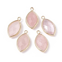 Honeyhandy Natural Rose Quartz Pendants, with Golden Plated Brass Findings, Faceted, Horse Eye, 21.5x11.5x3~5mm, Hole: 1.6mm