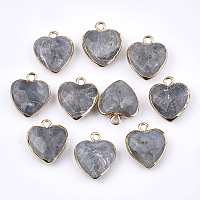 Electroplate Natural Labradorite Pendants, with Iron Findings, Faceted, Heart, Golden, 16~17x14~15x6~7mm, Hole: 1.8mm