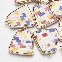 Alloy Pendants, with Linen, Trapezoid, Golden, Colorful, 27x23x2mm, Hole: 2mm